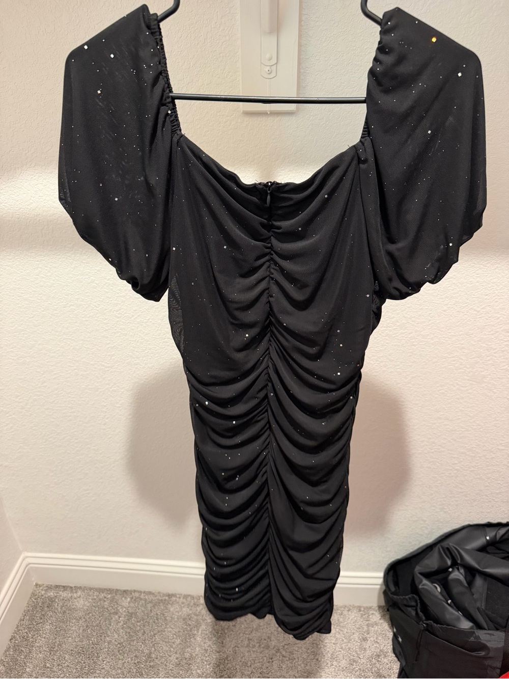 Black Ruched Midi Dress with Puff Sleeves